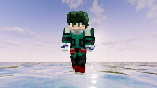Anime Minecraft skins: A Deku Minecraft skin from My Hero Academia hovers above trees in front of an ocean sunrise.