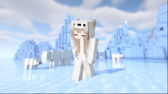 Cute Minecraft skins: A Minecraft player stands in the frozen ocean surrounded by polar bear, wearing a white and pastel-coloured polar bear onesie