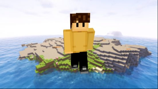 Best Minecraft skins: aplayer avatar dressed in a wilbur soot skin stands on red sand, in his yellow shirt.