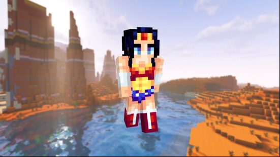 Best Minecraft skins: A player stands in front of a badlands biome wearing a cute Wonder Woman outfit, complete with long black hair, red boots, and bracelets of submission.