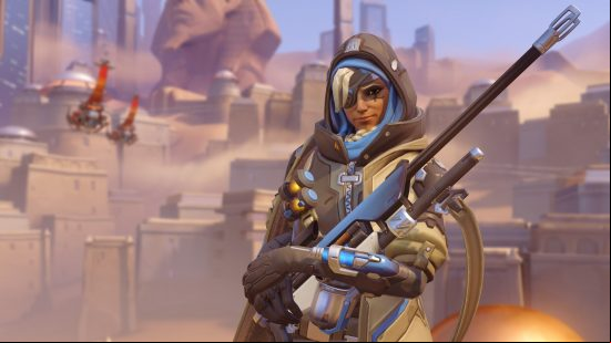 Overwatch characters: a woman in tacitcal gear, holding a large sniper rifle.
