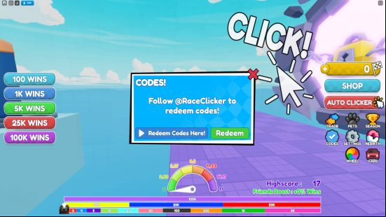 Clicking the Codes button on the right side brings up the Race Clicker codes redemption prompt.