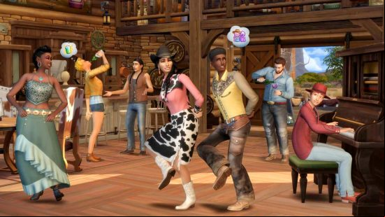 A number of people dance in a barn while someone plays the piano, all wearing cowboy boots and western clothing, in The Sims 4: Horse Ranch expansion pack.