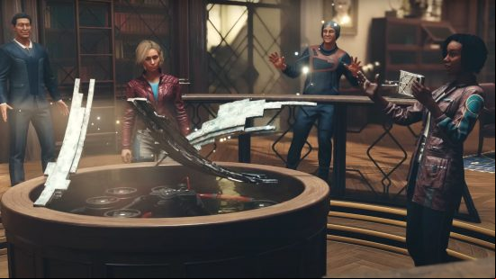 A cutscene from the main series of Starfield missions, depicting the  of the Constellation exclaiming in surprise and delight as the fragment of an alien artifact interacts with the identical fragments on a briefing table.