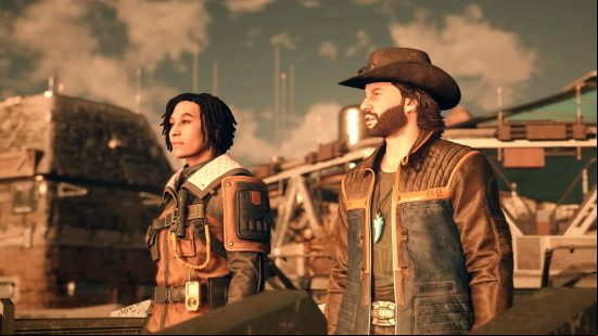 Sam Coe and the player character stand together watching a dazzling sunset, as Sam confessed his love in the culmination of a Starfield romance.