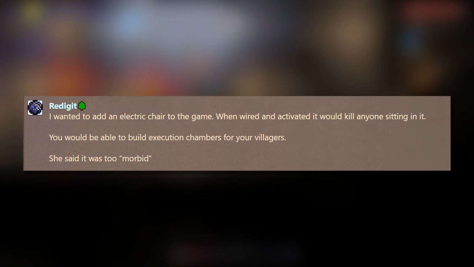 A screenshot of Redigit's post on the Terraria forums about including an electric chair