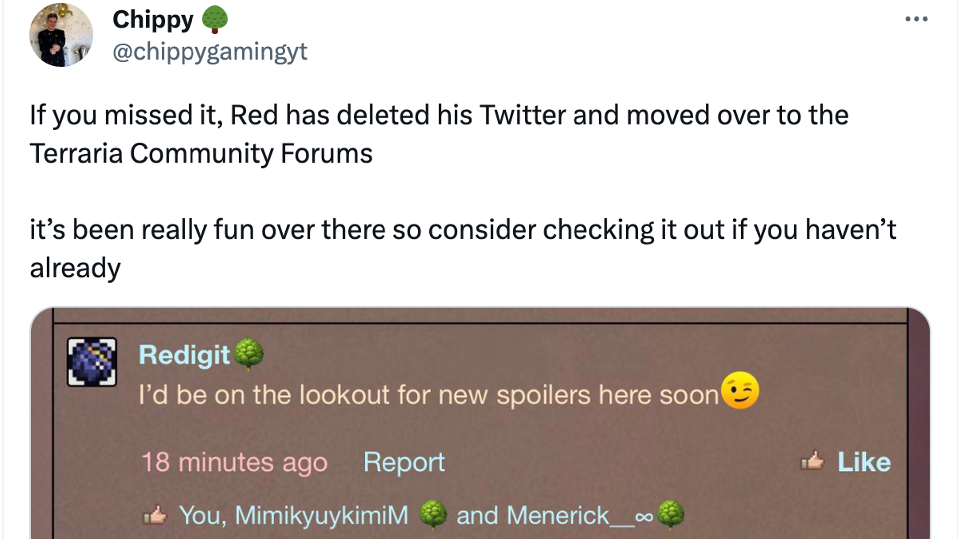 A Tweet made by Chippy describing how Redigit has left Twitter for the forums