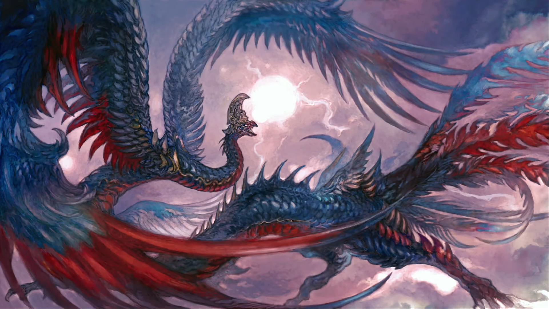 A blue and red dragon-like creatur flies through a purple-gray sky