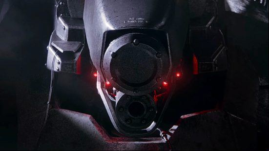 Armored Core 6 - red lights fire up on the 'face' of a large mech.