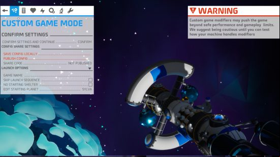 Astroneer Custom Games update - screenshot showing the menus to create a fully customized new game in the space sandbox adventure.
