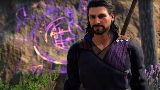 Baldur's Gate 3 best builds: Gale, a Wizard and possible companion, stands by a strange purple glyph carved into a cliff face.