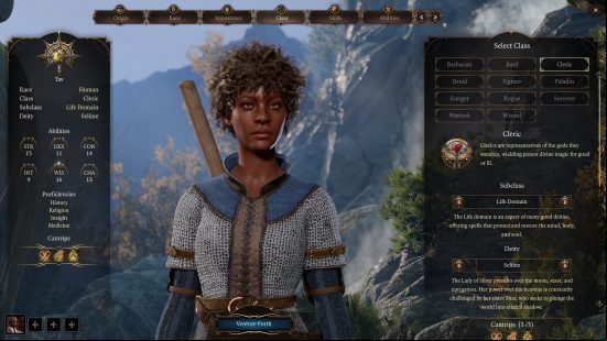 Baldur's Gate 3 Cleric: a woman dressed in chainmail with a mace on her back and some in-game menu screens.