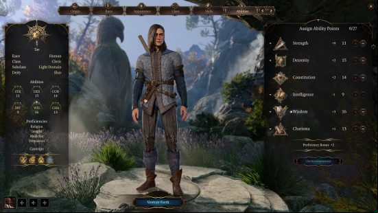 Baldur's Gate 3 Cleric: a man dressed in chainmail with a mace on her back and some in-game menu screens.