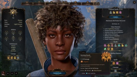Baldur's Gate 3 Cleric: a close up image of a woman dressed in chainmail with a mace on her back and some in-game menu screens.
