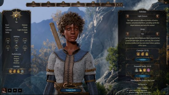 Baldur's Gate 3 Cleric: a woman dressed in chainmail with a mace o her back and some in-game menu screens.
