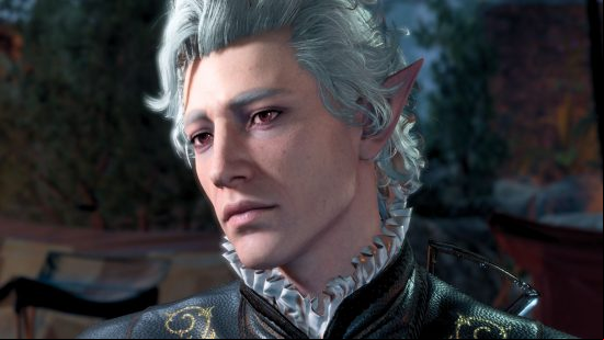 Baldur's Gate 3 companions: a clean-shaven, grey haired handsome man with pointy elf ears.