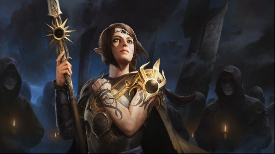 Baldur's Gate 3 companions: a white female humanoid with pointy ears, dressed in golden armor and holding a golden ornate spear.