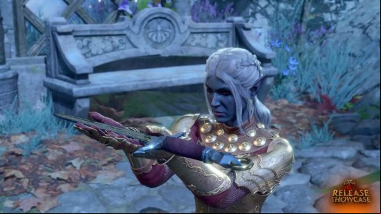 Baldur's Gate 3 drow: a grey-skinned, pointy-eared female offered a ceremonial dagger to an unknown entity.
