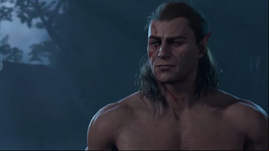 Baldur's Gate 3 Halsin stands amongst the trees topless
