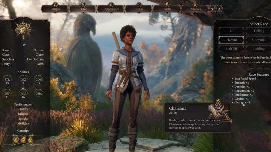 Baldur's Gate 3 human: the character creation screen shows a female character and her stats