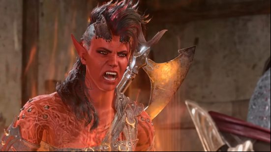 Baldur's Gate 3 Karlach stares menacingly, shouting engulfed in flame as if angry