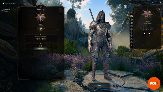 Baldur's Gate 3 leveling: an armoured rogue, with hood and face mask.