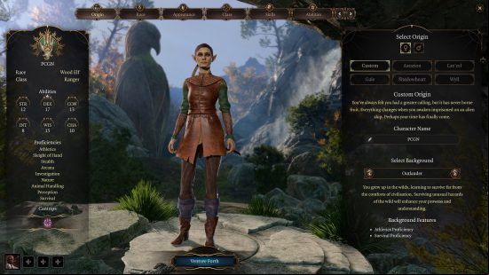 Baldurs Gate 3 Ranger build: a female elf with greenish skin and pointed ears, wearing leather armor and carrying a bow on her back.
