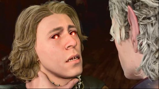 Baldur's Gate 3 romance: a man getting choked by another.