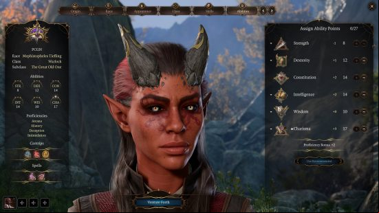 Baldur's Gate 3 Warlock build: a red ksinned female with black and red hair, and horns.
