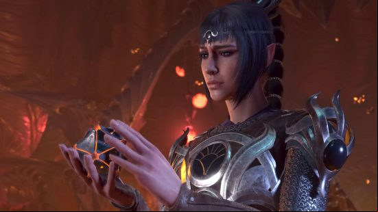 An elf holding onto an artifact that's glowing in her hands. It's unclear if this is one of the best Baldur's Gate 3 weapons.