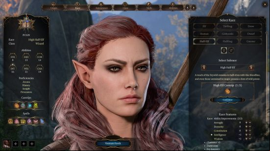 Baldur's Gate 3 Wizard build: a woman with pointed ears and pink hair. A staff can be seen on her back.
