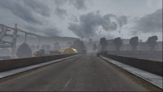 best dayz servers: an empty road leading towards buildings with two broken down cars on the sides 