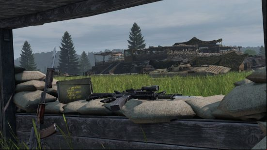 best dayz servers: an AK47 and a sniper rifle lay on a makeshift barricade on a grassy field overlooking a building