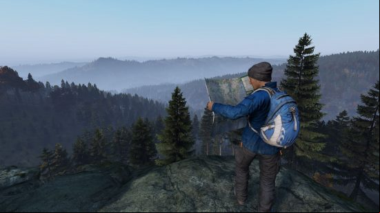 best dayz servers: a man in winter clothing and a survival backpack surveys the land on top of a large rock with a travel map