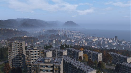 best dayz servers: an overview shot of a small town filled with high rise buildings covered in fog