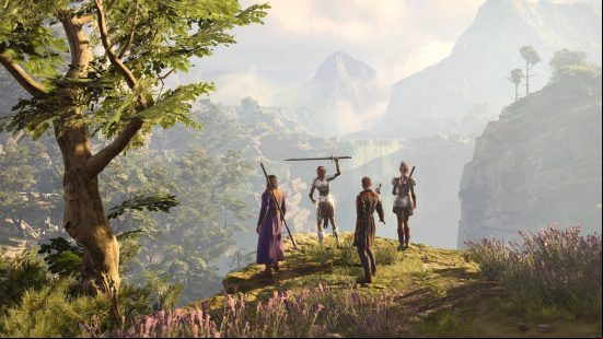 A party of four adventurers in Baldurs Gate 3, one of the best turn based RPG games, standing over the edge of a cliff. Lae'zel has her sword raised high.
