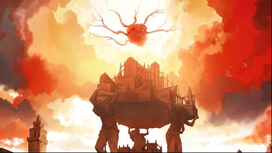 Four statues hold a grand cathedral aloft, a beating heart hanging suspended above it in a golden sky filled with fluffy white clouds, our likely destination following the Blasphemous 2 release date.
