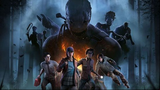 An image of some of the main survivor character's from Dead by Daylight, with the killers looming above them.