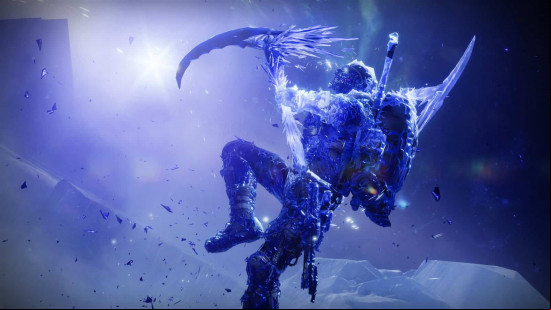 Destiny 2 classes: A Stasis Hunter leaping into the air with an ice scythe, ready to attack enemies.