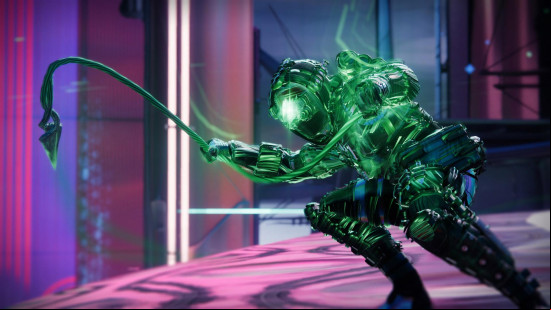 Destiny 2 classes: A Strand Hunter twirling its chain whip as they crouch.