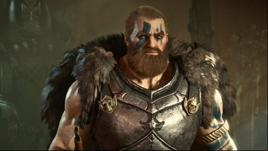 Diablo 4 endgame builds: the Barbarian stands, hulking, a fur over his shoulders