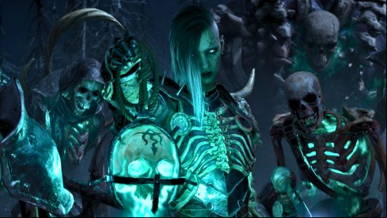 Diablo 4 endgame build: the necromancer stands with a glowing skull 