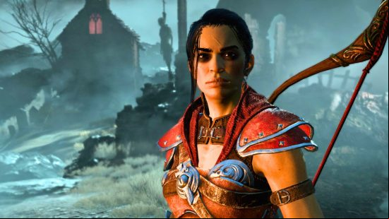 Diablo 4 endgame build: the Rogue stares in your direction with a red shoulder armor and bow
