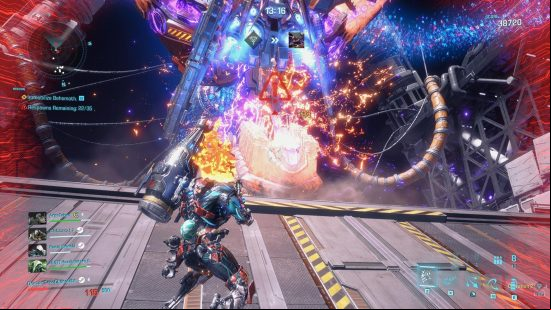 Exoprimal final boss fight - the Behemoth explodes in a blue and purple light