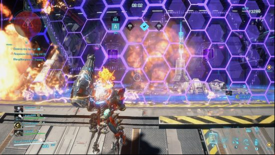 Exoprimal final boss fight: a purple shield blocks the path forward