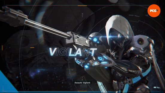 A robot wearing a white hood looks down the barrel of a sniper rifle and prepares to fire with 'VALIANT' written across the screen