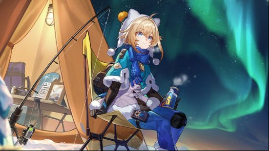 Lynx, one of the latest Honkai Star Rail characters, sits on a camping chair with a flask of hot cocoa while ice fishinga a gazing up at the aurora lighting up the night sky.