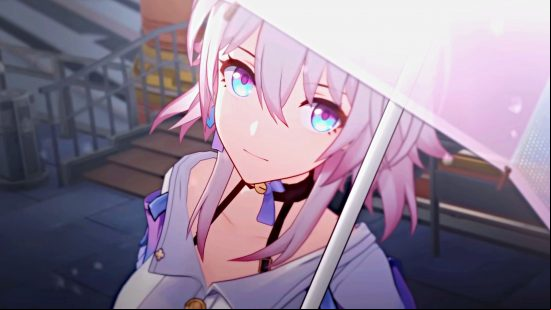 Best Honkai Star Rail March 7th build: March 7th peeks out from under a pink umbrella..
