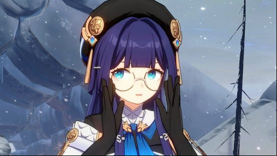 Pela, one of the characters on our Honkai Star Rail tier list, nervously adjusts her large jam-jar glasses as she converses in the desolate, snowy plains outside of Belobog.