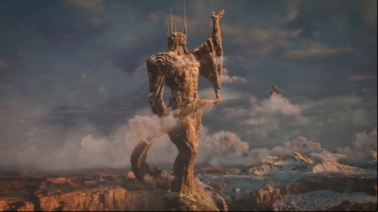 Immortals of Aveum release date: a huge statue stands in the middle of a rocky plain.